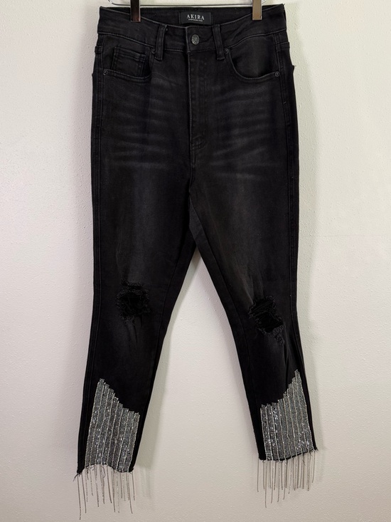 AKIRA Denim - AKIRA Black Rhinestone Fringe Skinny Jeans High Rise Distressed W28